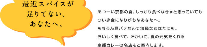 最近スパイスが足りていない、あなたへ。あつーい京都の夏、しっかり食べなきゃと思っていても
        つい少食になりがちなあなたへ。もちろん夏バテなんて無縁なあなたにも。おいしく食べて、汗かいて、夏の元気をくれる京都カレーの名店をご案内します。